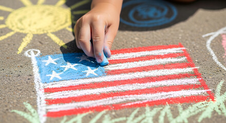 Memorial day chalk art child draws american flag on pavement