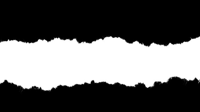 Horizontal paper strip with large rough edges and visible fiber texture. Black and white luma matte mask for video title reveals, paper rip transitions, and stop-motion collage effects.