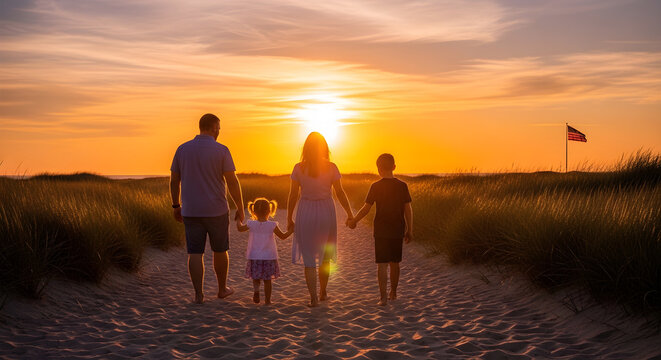 Memorial day sunset family reflects on sacrifice and remembrance at the beach