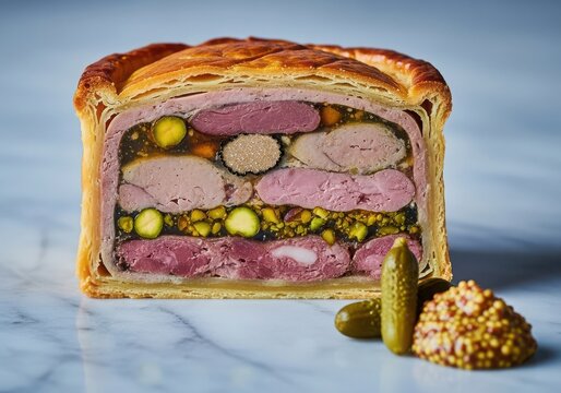 Cross section of a gourmet pt en crote with layers of meat, pistachios, and jelly, served with cornichons