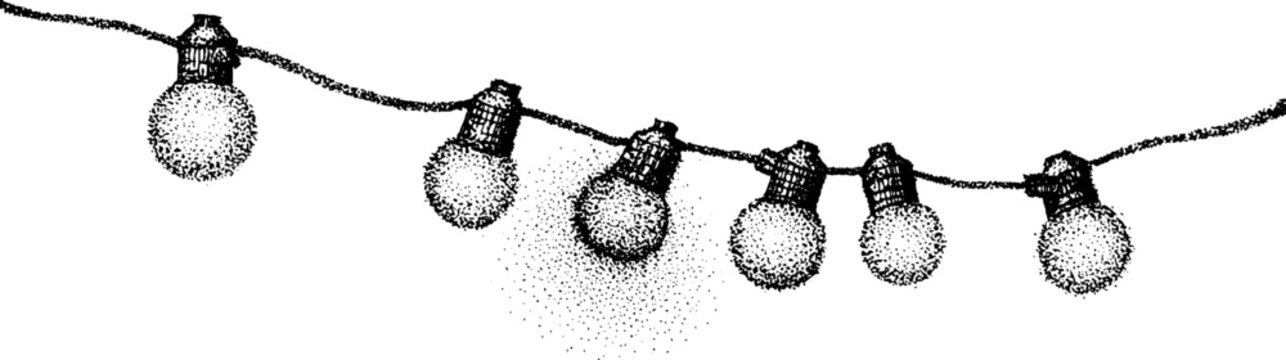 Hanging round light bulbs strung along thin electrical cord