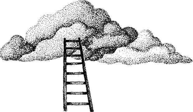 Wooden ladder ascending into cloud in white background