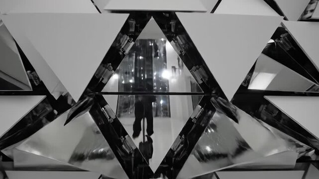 Kinetic wall with moving white triangle tiles creating a mechanical geometric pattern, shifting surface texture for modern architectural background.