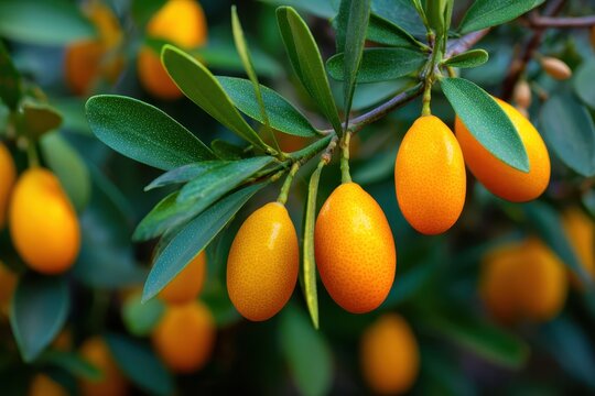 Kumquat tree branch rich harvest close up. Exotic fruits. Close-up of bright ripe orange kumquat hanging growing in an orchard on a sunny day, sun flares. Citrus in garden center. Fortunella margarita