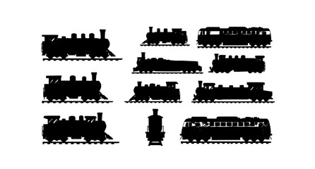 Obraz premium Cute cartoon train engine vector icon set with steam and modern locomotive collection isolated on white