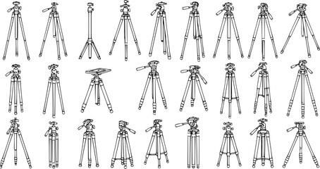 Fototapeta premium Black and White Line Art Vector Illustration of Various Camera Tripod Designs