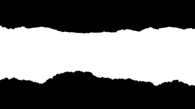 Horizontal paper strip with medium rough edges and visible fiber texture. Black and white luma matte mask for video title reveals, paper rip transitions, and stop-motion collage effects.