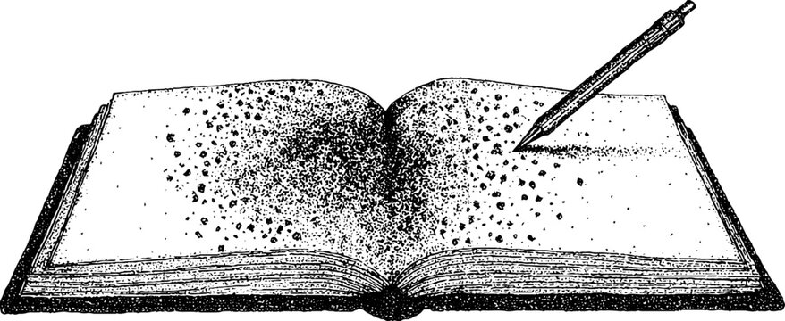 Open book with pencil marking pages on white background