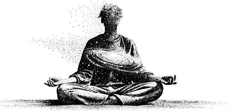 Seated meditator with galaxy within torso and dissolving head