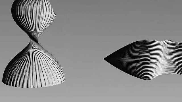 Abstract geometric shapes rendered with intricate lines on a neutral gray background