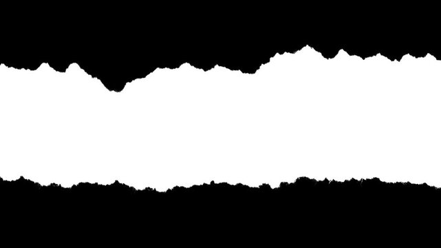 Horizontal paper strip with medium rough edges and visible fiber texture. Black and white luma matte mask for video title reveals, paper rip transitions, and stop-motion collage effects.