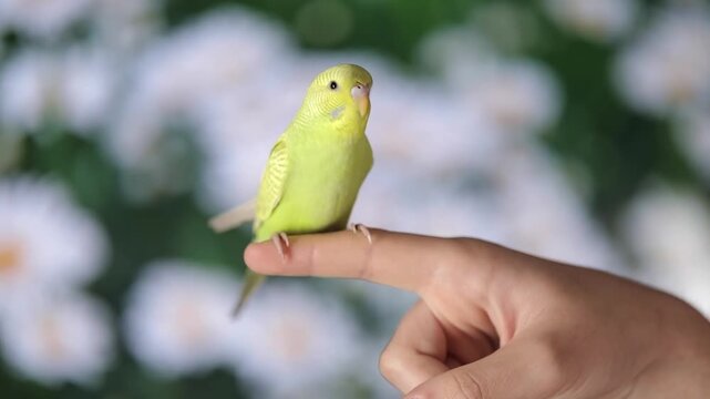 cute green parrot sitting on finger
