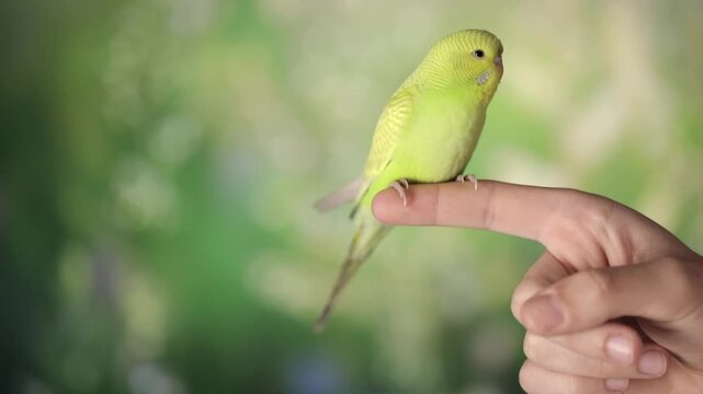 cute green parrot sitting on finger