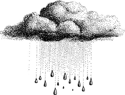 Small stippled cloud releasing raindrops in white space