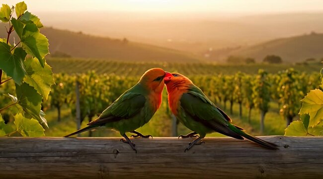 Romantic lovebirds perched on wooden fence at sunset, colorful tropical birds in vineyard landscape, pair of parrots in golden hour light