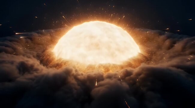 Cinematic nuclear explosion with glowing fireball, massive shockwave of smoke and debris, powerful atomic blast in dark atmosphere
