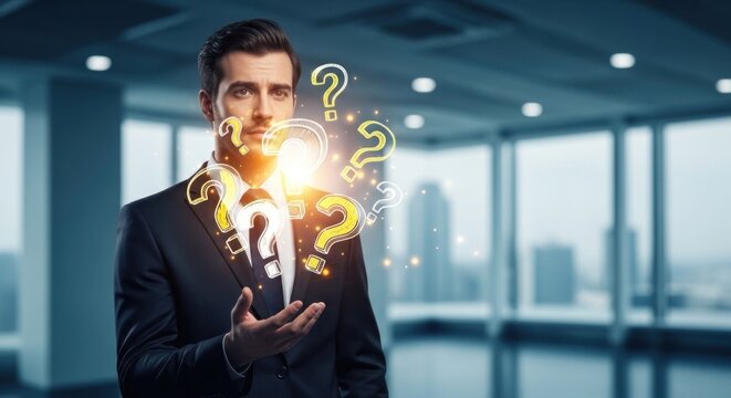 Formal man in office, pondering questions with glowing question marks