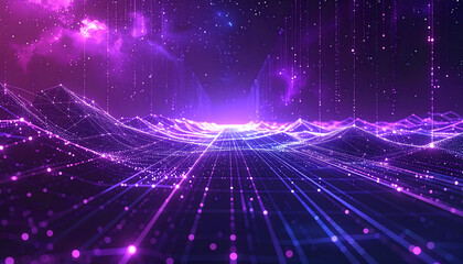 Global Data Network Landscape with Glowing Plexus Grid and Purple Light Trails
