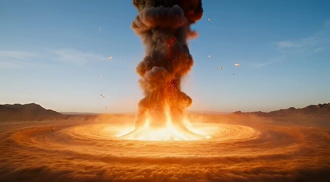 Cinematic nuclear explosion in desert landscape, massive fire blast with mushroom cloud, apocalyptic shockwave and smoke plume at sunset