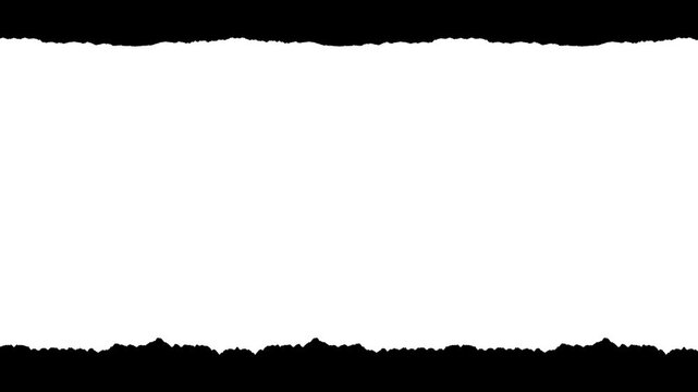 Horizontal paper strip with tiny rough edges and visible fiber texture. Black and white luma matte mask for video title reveals, paper rip transitions, and stop-motion collage effects.