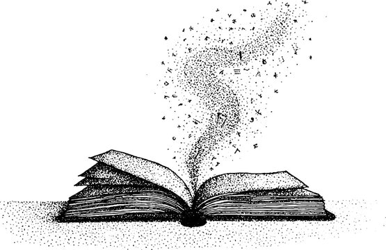 Open book releasing birds and particles into blank white space