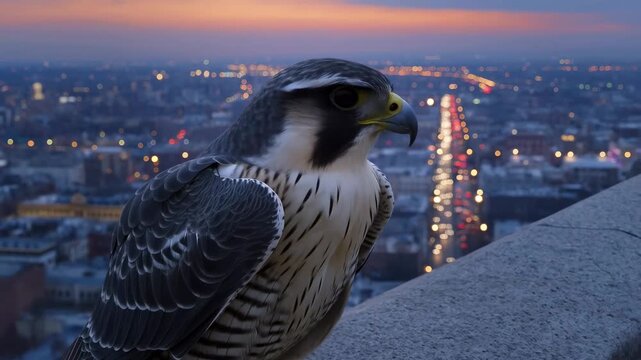 Majestic peregrine falcon perched on a city skyline at dusk. A symbol of urban wildlife and nature's resilience in metropolitan environments