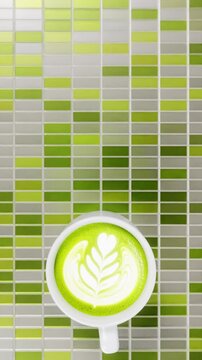 Vertical matcha latte tea green art cup beverage caf&eacute; loop animation background ceramic kitchen tile mosaic, manual realistic 3D render backdrop banner promo template cover wallpaper drink top view