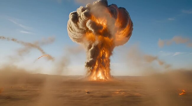Cinematic nuclear explosion in desert, massive mushroom cloud with fire and smoke, powerful atomic blast effect in wasteland