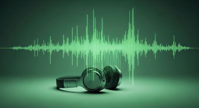 Green audio waves visualized above a pair of headphones