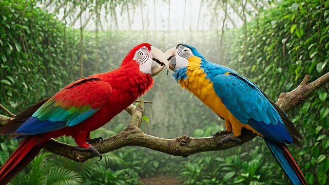 Vibrant macaw parrots perched on a branch, colorful red and blue macaws in a lush tropical jungle, exotic birds interacting in a rainforest