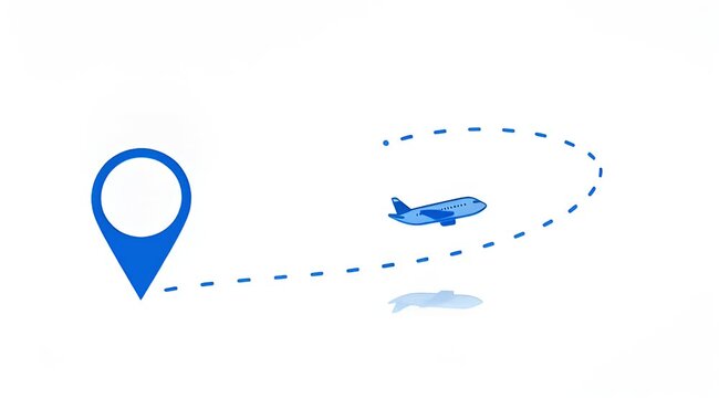 Minimalist airplane flight path animation, blue travel icon with location pin, dotted line aircraft route on white background for tourism marketing