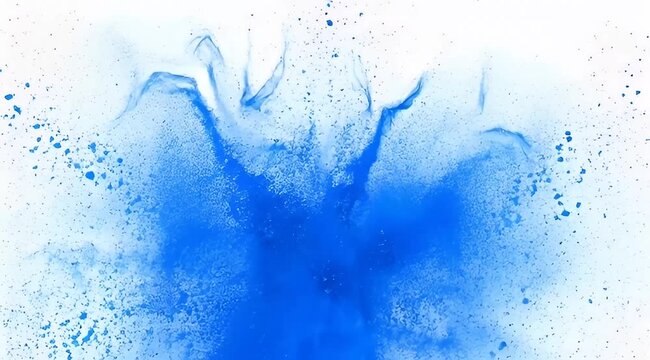 Blue powder explosion on white background, vibrant pigment burst with particles, colorful dust cloud splash for creative design projects