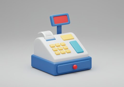 3 d render of a toy-like cash register with a blue base, yellow buttons, and a small receipt paper on gray 3d