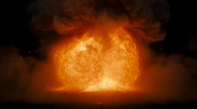 Cinematic nuclear explosion with mushroom cloud, massive fireball blast in dark night, atomic bomb detonation effect for war and disaster films