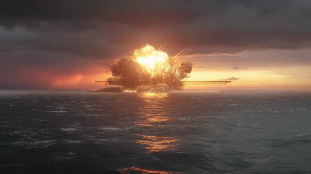 Dramatic explosion at an offshore oil rig during sunset. A powerful reminder of the risks associated with energy production and environmental impact