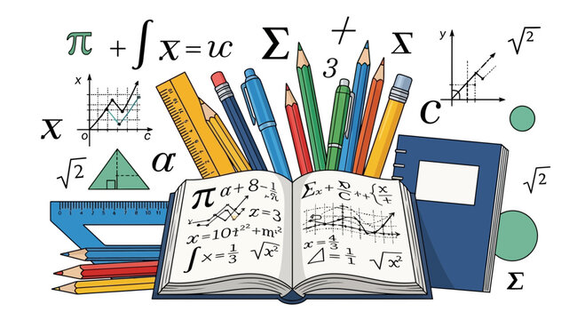 Math and Science Education Concept: Open Book with Formulas, Pencils, Ruler, and Graphs