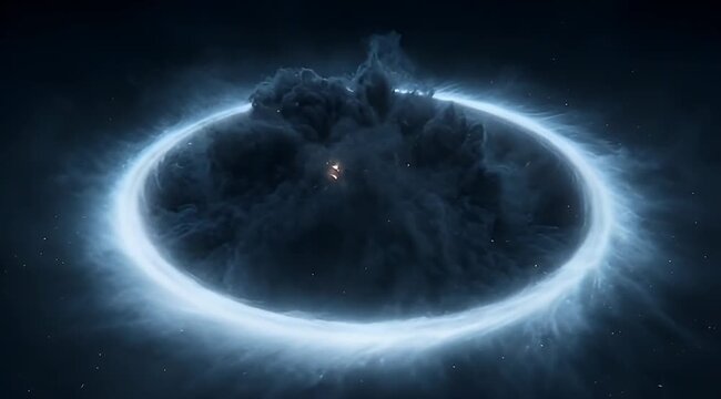 Cinematic cosmic nebula with glowing blue ring, ethereal space gas and dark smoke clouds, mysterious galactic phenomenon for sci-fi backgrounds