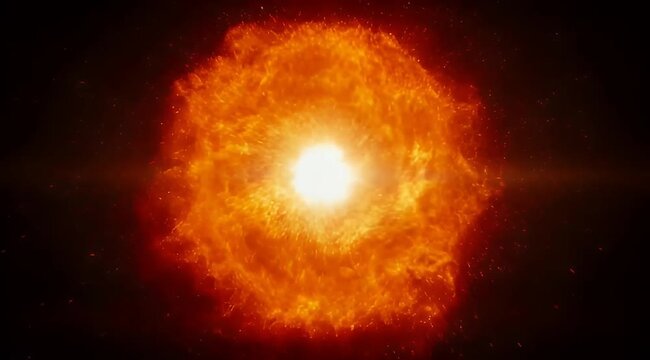 Cinematic supernova explosion in deep space, glowing orange sun star with solar flares, cosmic fire ball with lens flare and nebula dust