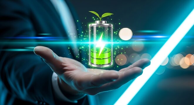 Hand presenting glowing green battery, symbolizing sustainable energy and green tech