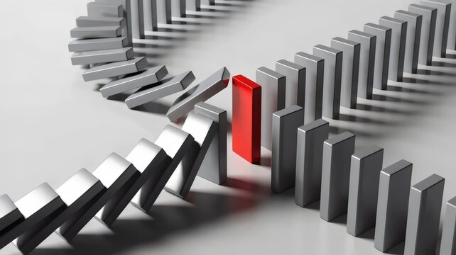 Cascade of gray dominoes triggered by red block &ndash; Suitable for power of one, team motivation, or disruption concepts.
