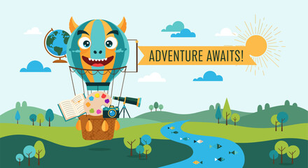 Obraz premium Embark on a thrilling adventure with this whimsical hot air balloon illustration, sparking curiosity and a love for exploration with globes, telescopes, and books
