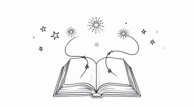 Hand-drawn magic book animation, mystical open book with sparkling stars and sun icons, whimsical storytelling sketch on white background