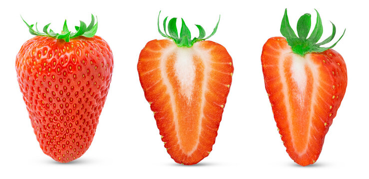 Ripe perfect standing strawberries collection isolated. Whole strawberry and cut in a slice of strawberry on white background.