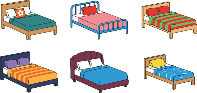 Bed furniture illustration set, different bedroom beds with pillows and blankets in various styles, home interior design, sleeping collection