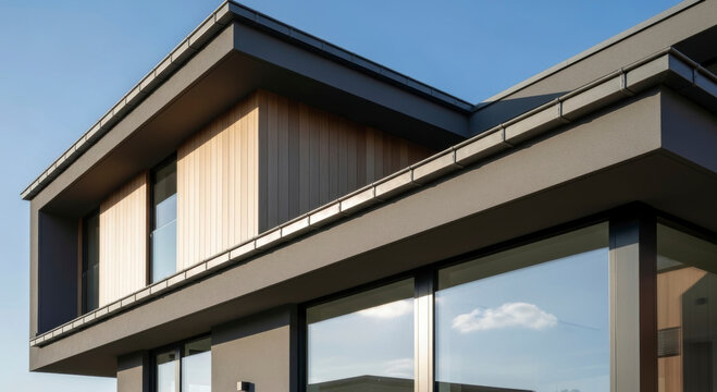 A close-up view of a minimalist modern home facade featuring gray zinc gutters and elegant wooden paneling, showcasing contemporary construction and architectural design excellence