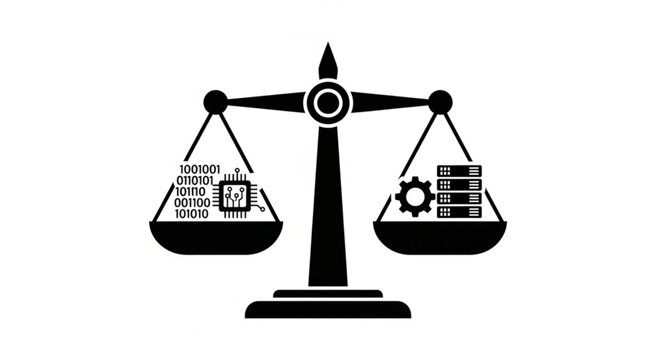 A black vector graphic illustration of a balance scale weighing code and machinery