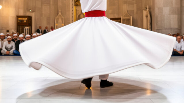 A Sufi whirling dervish performing a meditative Sema ceremony in the Marmara Theology Mosque, embodying spiritual transcendence, devotion, and ancient Turkish cultural heritage.