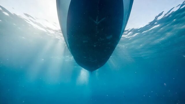 Underwater view looking up at the hull of a large ship and sun rays