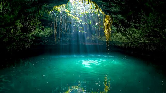 Hidden cave pool with turquoise water illuminated by sunlight beams through opening creating serene tropical underground landscape scene