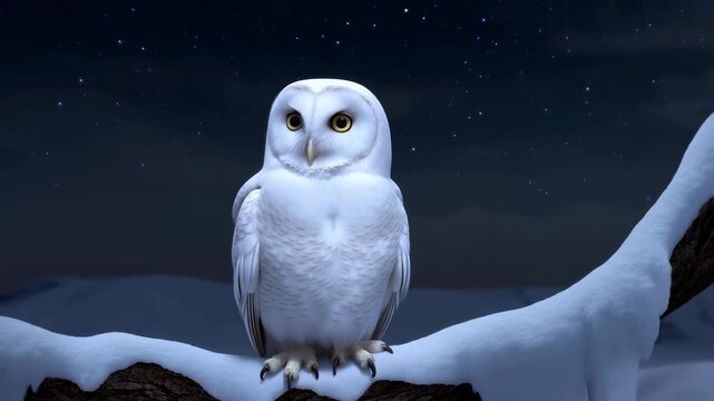 Majestic snowy owl perched on a snowy branch under a starry night sky. Symbolizes wisdom, nature's beauty, and the tranquility of winter nights